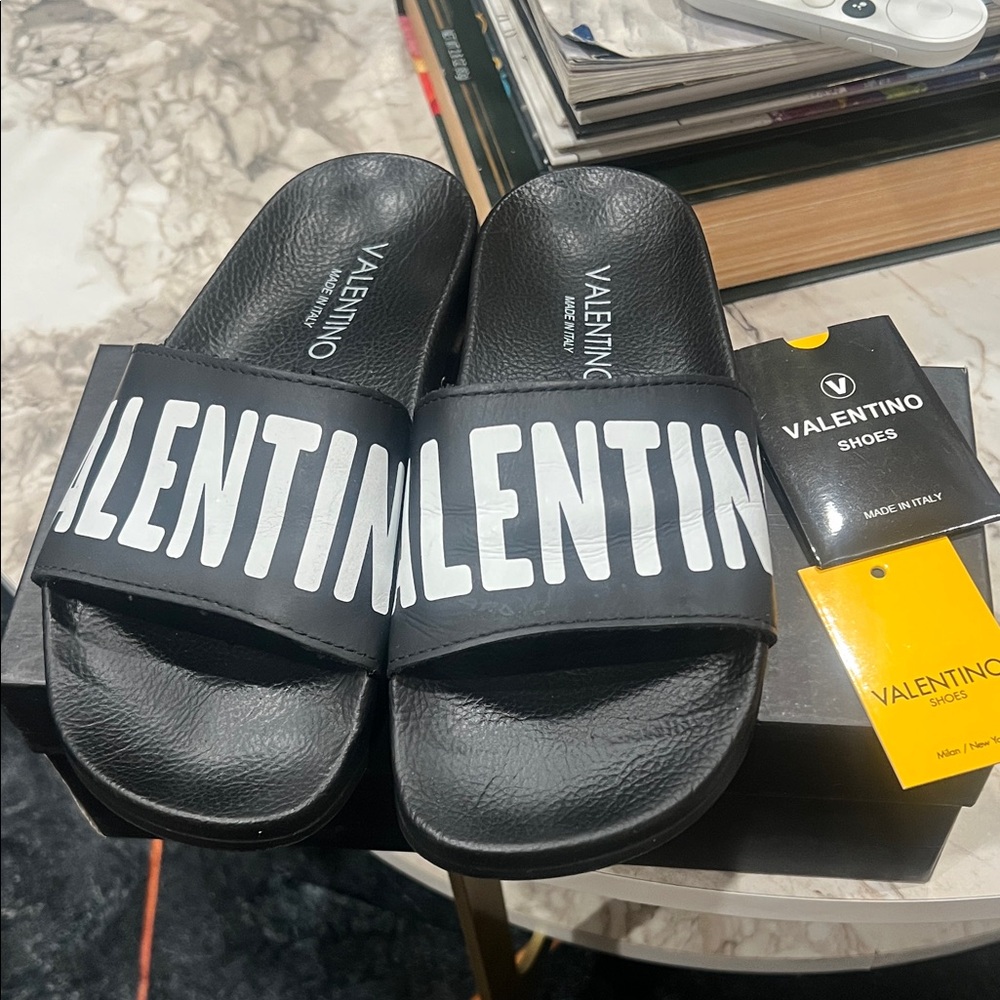 Valentino Black Slides with White Logo Band